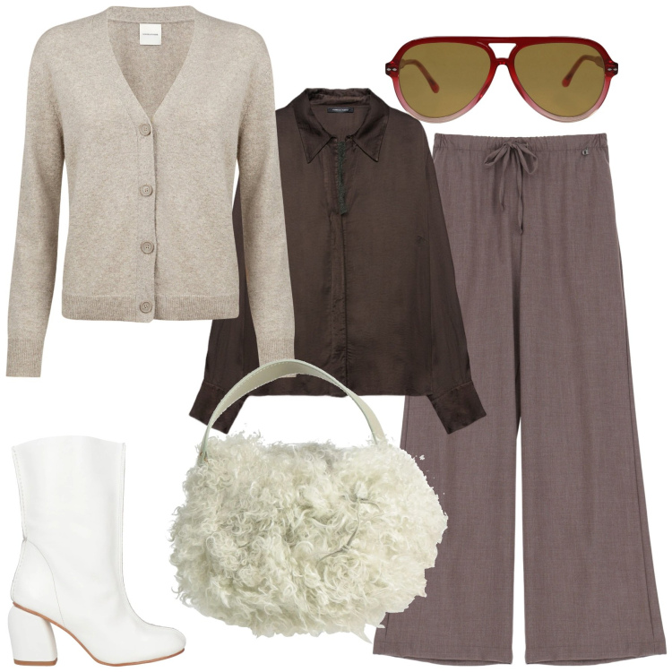Outfit donna - Borsa fur. Stile Bon Ton per Ufficio. Abbinamento con stivaletti, occhiali da sole, borse a secchiello, pantaloni a palazzo, cardigans, camicie.