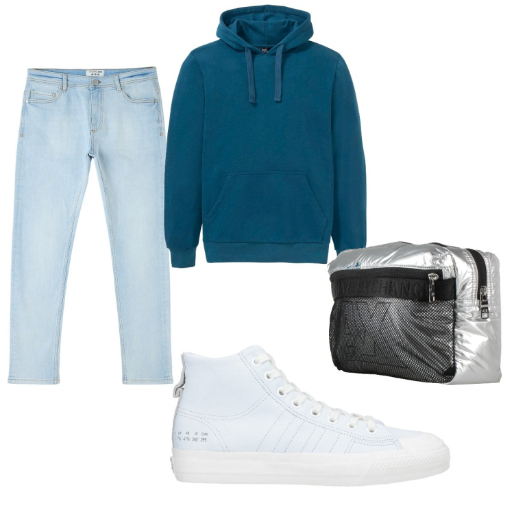 Outfit uomo - Total look #2041860. Stile Casual per Tutti i giorni. Abbinamento con felpe con cappuccio, sneakers, borse sportive, jeans skinny.