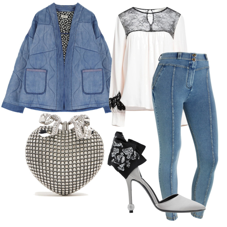Outfit donna - Sporty chic. Stile Sporty chic per Serata fuori. Abbinamento con décolleté, top, jeggings, blazer, pochette.