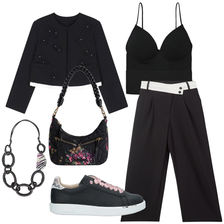Outfit donna - Nero casual chic. Stile Casual chic per Serata fuori. Abbinamento con sneakers, borse a mano, top, pantaloni, blazer, collane.