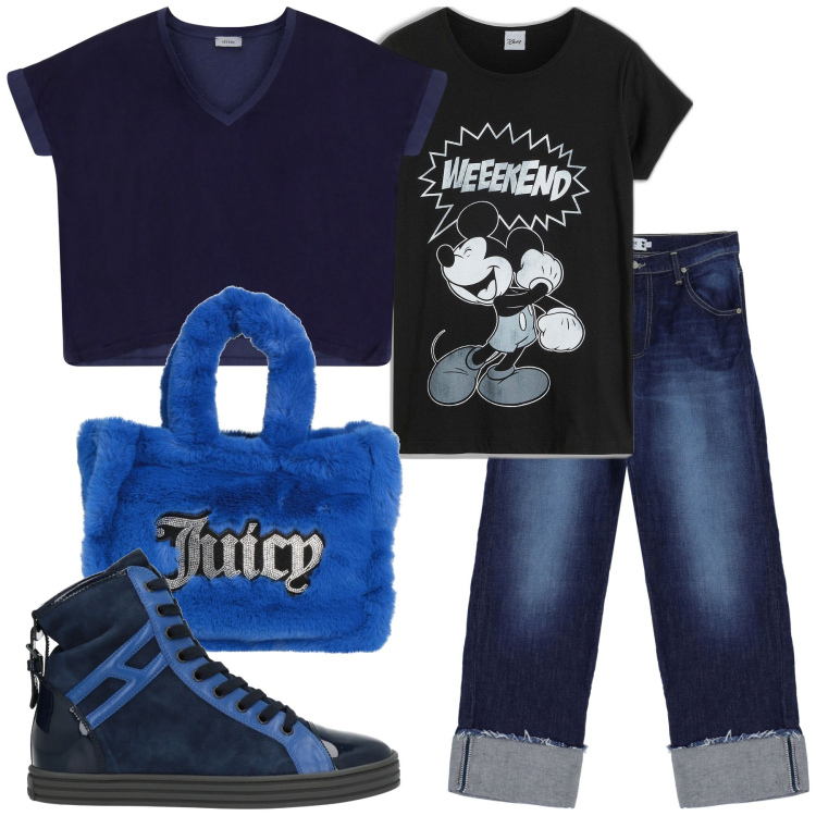 Outfit donna - Blu scuro urban. Stile Urban per Tutti i giorni. Abbinamento con t-shirt, borse a mano, sneakers alte, jeans, t-shirt.