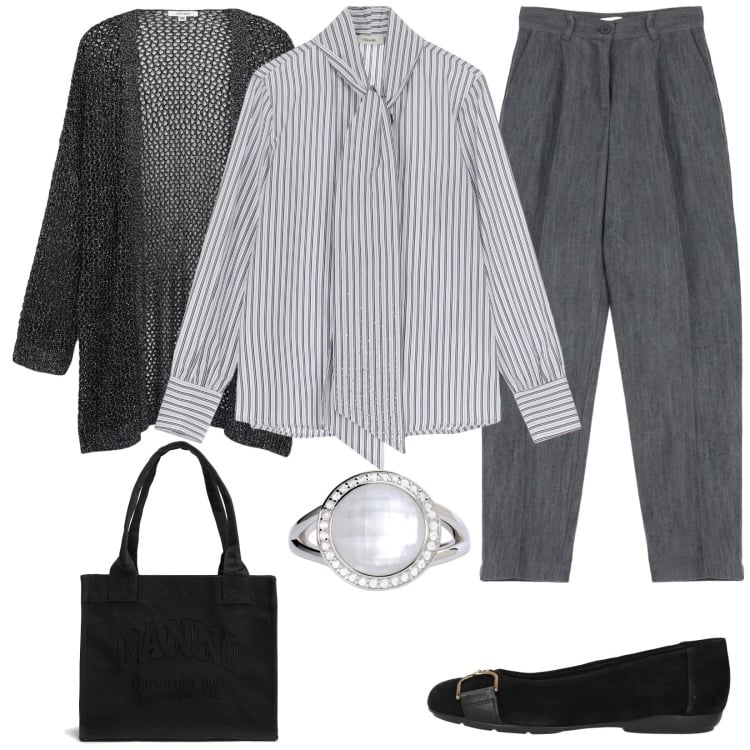 Outfit donna - Camicia a righe. Stile Casual per Tutti i giorni. Abbinamento con ballerine, anelli, kimono, pantaloni, camicie, shopping bag.