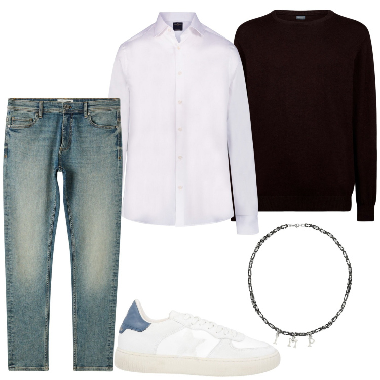 Outfit uomo - Domenica in famiglia. Stile Casual per Tutti i giorni. Abbinamento con sneakers, jeans skinny, collane, camicie, maglieria.