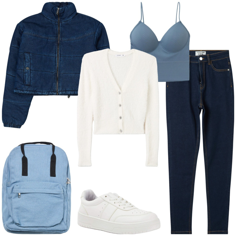 Outfit donna - Blu terranova. Stile Casual per Scuola/Università. Abbinamento con blazer, jeans skinny, cardigans, top, sneakers, zaini.