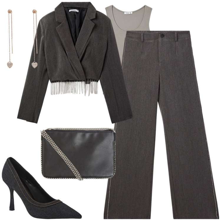 Outfit donna - Saldi Terranova. Stile Trendy per Serata fuori. Abbinamento con borse a tracolla, pantaloni, blazer, décolleté, canottiere, orecchini.