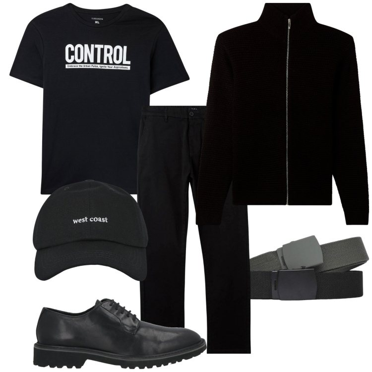 Outfit uomo - Black and black. Stile Trendy per Tutti i giorni. Abbinamento con scarpe stringate, t-shirt, cardigans, pantaloni chino, cinture, cappelli con visiera.