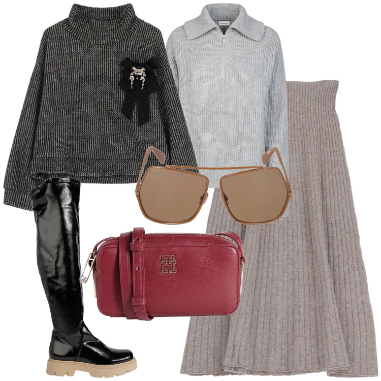 Outfit donna - Gonna in maglia. Stile Casual chic per Tutti i giorni. Abbinamento con borse a tracolla, stivali, gonne longuette, felpe, maglieria, occhiali da sole.