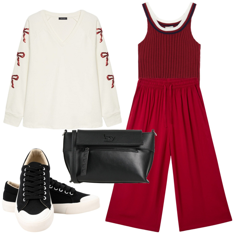 Outfit donna - Sporty confort. Stile Sporty chic per Tutti i giorni. Abbinamento con borse a tracolla, pantaloni a palazzo, top, sneakers, felpe.