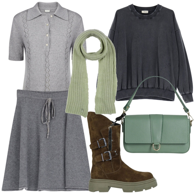 Outfit donna - Felpa e gonna. Stile Sporty chic per Tutti i giorni. Abbinamento con stivali, borse a mano, sciarpe, minigonne, felpe, polo.