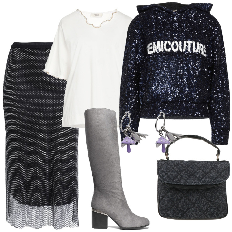 Outfit donna - La rete. Stile Glamour per Serata fuori. Abbinamento con stivali, t-shirt, borse a mano, felpe con cappuccio, gonne longuette, orecchini.