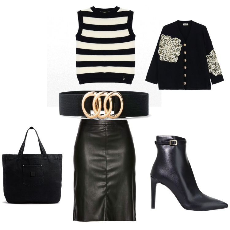 Outfit donna - Bianco e nero in ufficio. per Ufficio. Abbinamento con cinture, gonne longuette, maglieria, stivaletti, cardigans, shopping bag.