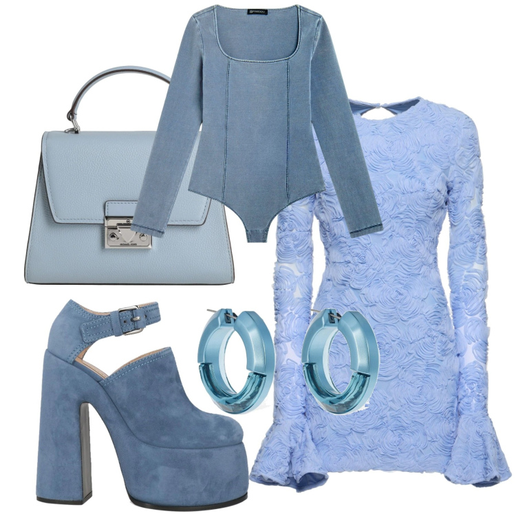 Outfit donna - Azzurro polvere. Stile Glamour per Serata fuori. Abbinamento con borse a mano, décolleté, body, orecchini, vestiti.