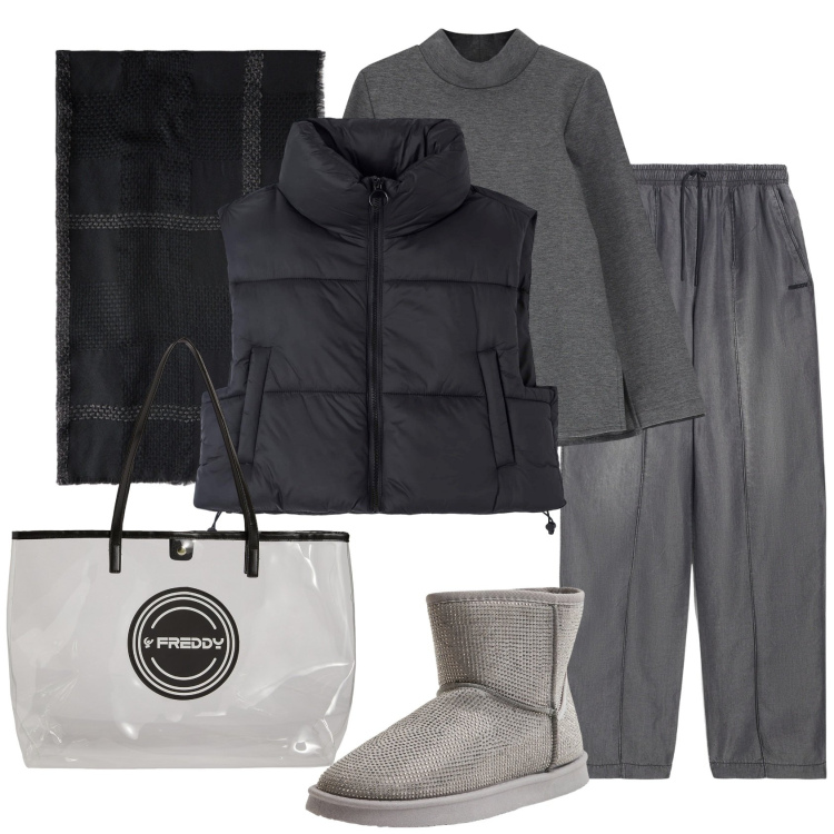 Outfit donna - Total look #2041955. Stile Basic per Tutti i giorni. Abbinamento con piumini, stivali, maglieria, shopping bag, jeans, sciarpe.