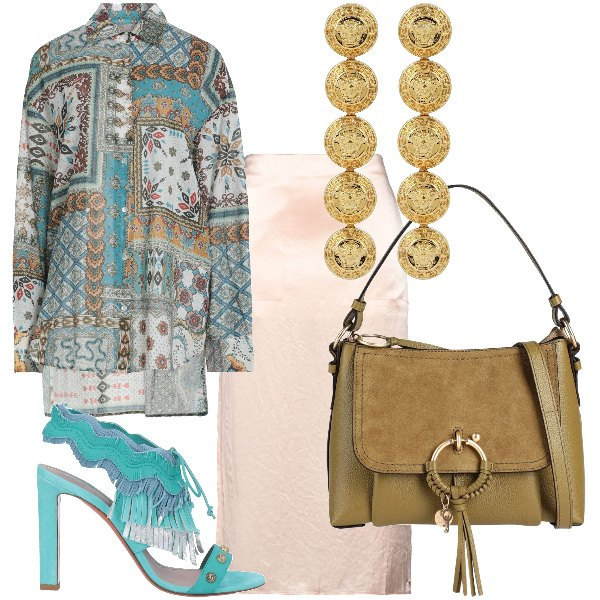 Outfit donna - Total look #2041965. Stile Etnico per Cerimonia. Abbinamento con sandali in pelle, camicie, gonne longuette, borse a mano, orecchini.