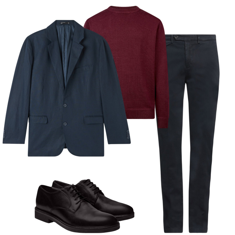 Outfit uomo - Gennaio. Stile Business/Elegante per Tutti i giorni. Abbinamento con pantaloni chino, giacche, scarpe stringate, maglieria.