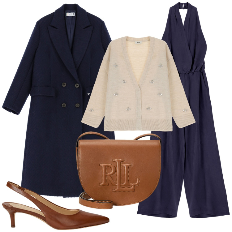 Outfit donna - Anno nuovo in blu. Stile Bon Ton per Serata fuori. Abbinamento con cappotti, cardigans, tute, borse a tracolla, décolleté.