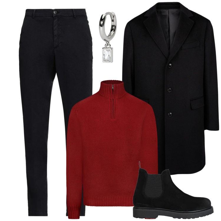 Outfit uomo - City. Stile Urban per Tutti i giorni. Abbinamento con stivali e stivaletti, pantaloni chino, orecchini, maglieria, cappotti.