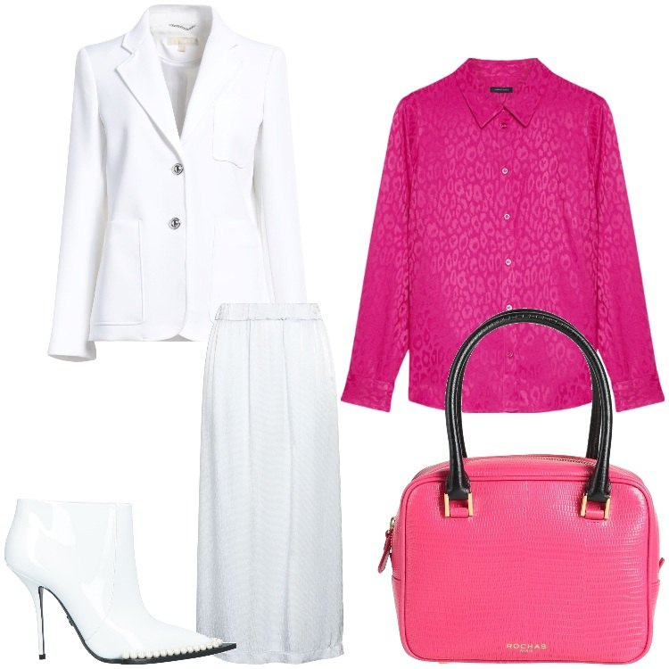 Outfit donna - Bianco e ciclamino. Stile Chic per Serata fuori. Abbinamento con borse a mano, blazer, stivaletti, gonne longuette, camicie.