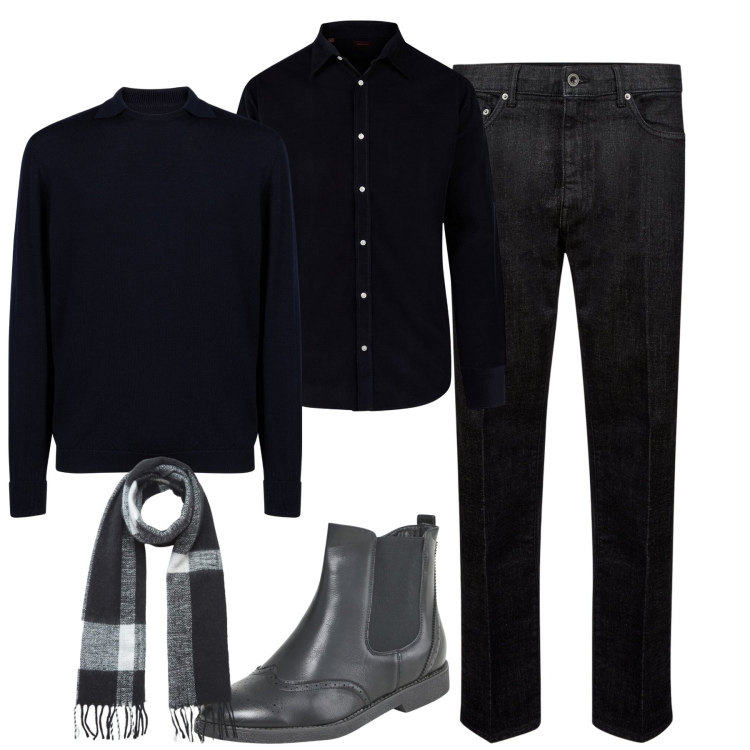 Outfit uomo - Black. Stile Urban per Tutti i giorni. Abbinamento con stivali e stivaletti, sciarpe, jeans, maglieria, camicie.
