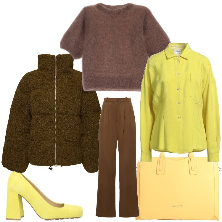 Outfit donna - Marrone e giallo. Stile Casual chic per Ufficio. Abbinamento con borse a mano, camicie, décolleté, t-shirt, piumini, pantaloni.