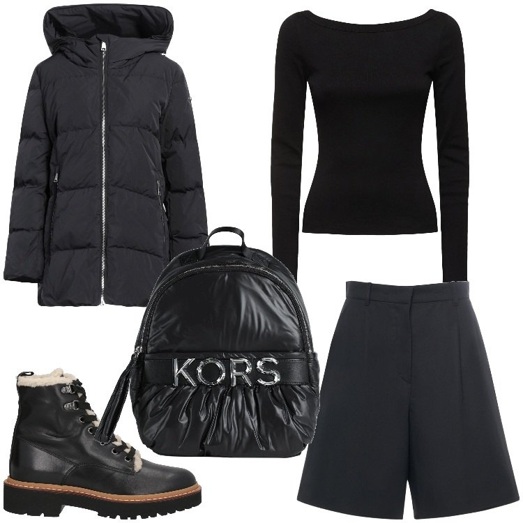 Outfit donna - I pantaloni corti in inverno. Stile Casual chic per Serata fuori. Abbinamento con stivaletti, zaini, piumini, shorts, t-shirt.