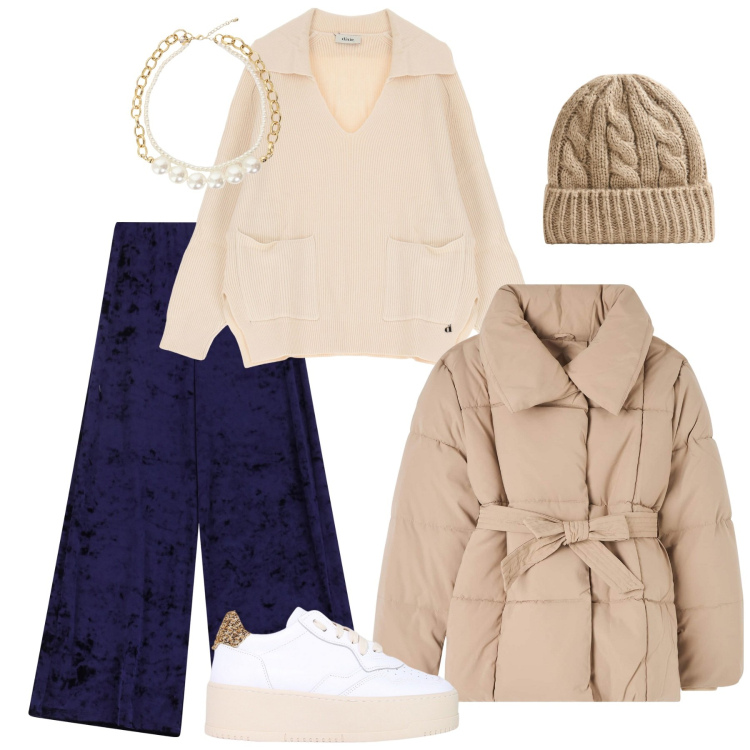 Outfit donna - Stile urbano. Stile Urban per Tutti i giorni. Abbinamento con berretti, piumini, sneakers, maglieria, pantaloni, collane.