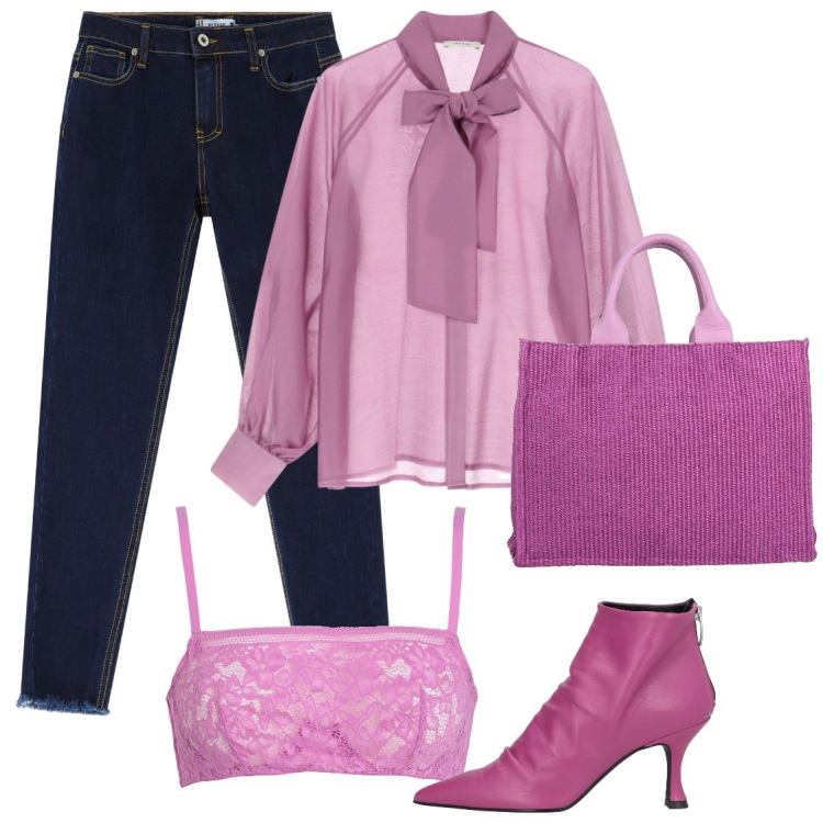 Outfit donna - voile e violet. Stile Chic per Serata fuori. Abbinamento con stivaletti, reggiseni a balconcino, borse a mano, jeans skinny, camicie.