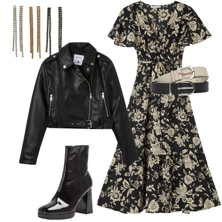 Outfit donna - Vestito a fiori e giacca di pelle. Stile Glamour per Serata fuori. Abbinamento con vestiti lunghi, giacche, stivaletti, cinture, orecchini.