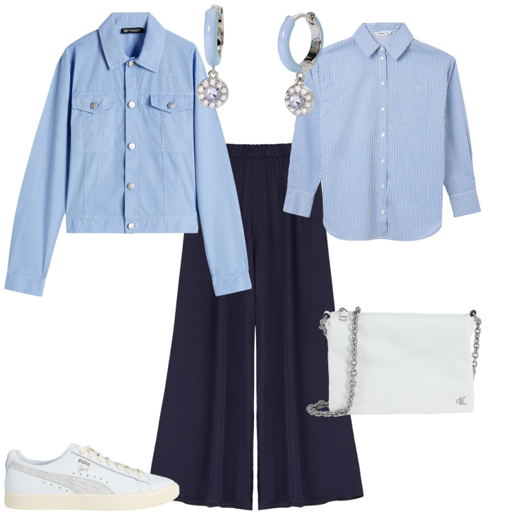 Outfit donna - Total look #2042038. Stile Trendy per Ufficio. Abbinamento con sneakers, borse a tracolla, orecchini, camicie, blazer, pantaloni.