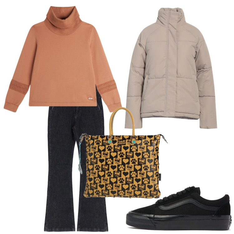 Outfit donna - Tempo libero. Stile Casual chic per Tutti i giorni. Abbinamento con piumini, borse a mano, felpe, jeans, sneakers.