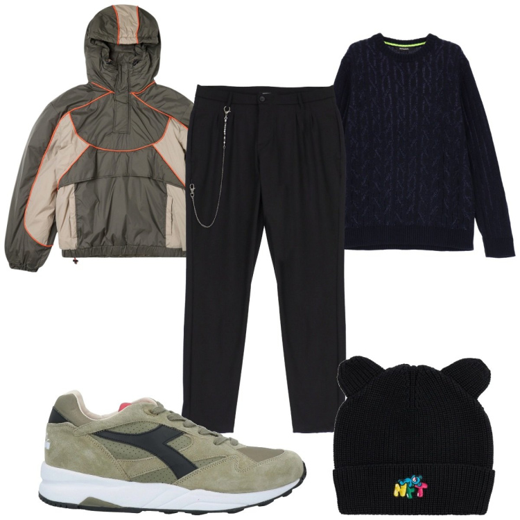 Outfit uomo - Total look #2042044. Stile Trendy per Tutti i giorni. Abbinamento con sneakers, giacche, pantaloni, maglieria, cappelli.