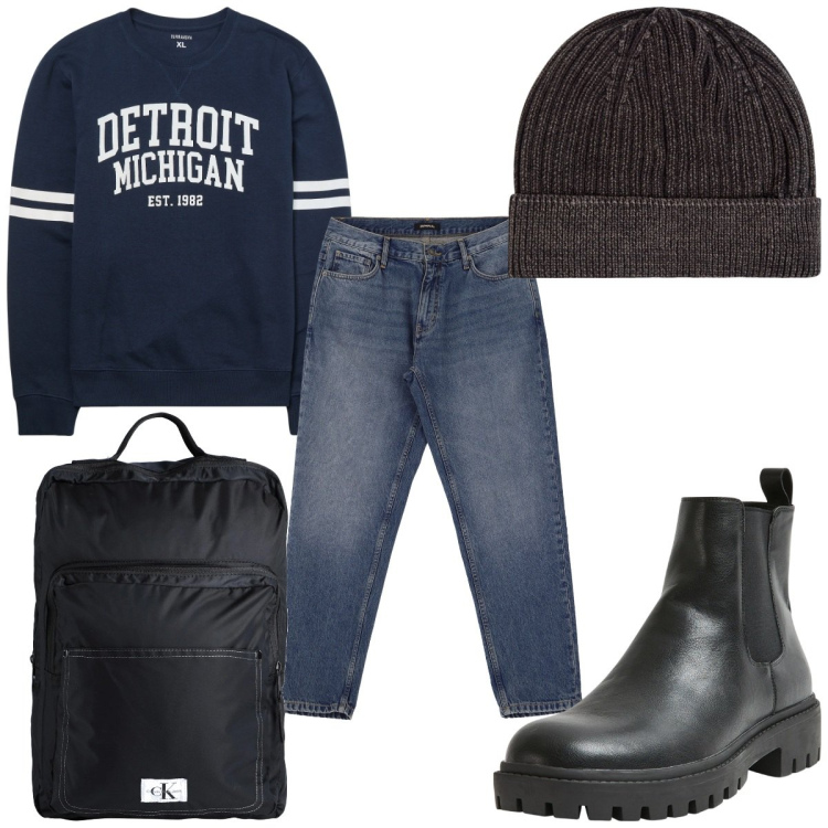 Outfit uomo - Total look #2042045. Stile Trendy per Tutti i giorni. Abbinamento con borse sportive, stivali e stivaletti, berretti, felpe, jeans.