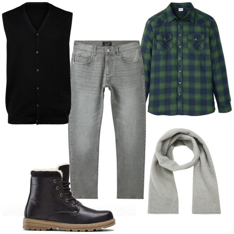 Outfit uomo - Total look #2042051. Stile Trendy per Tutti i giorni. Abbinamento con stivali e stivaletti, camicie, jeans, sciarpe e foulard, gilet.