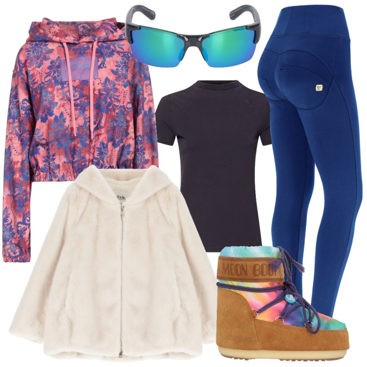 Outfit donna - Chic in montagna. Stile Sporty chic per Sport. Abbinamento con stivaletti, felpe con cappuccio, pantaloni skinny, blazer, occhiali da sole, t-shirt.