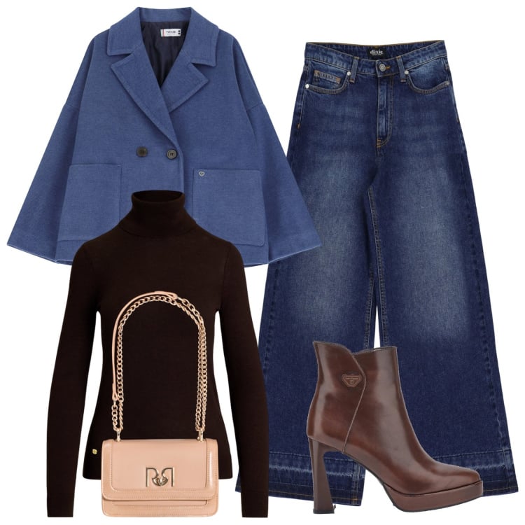 Outfit donna - Mezza stagione. Stile Casual per Tutti i giorni. Abbinamento con borse a tracolla, blazer, jeans, maglieria, stivaletti.