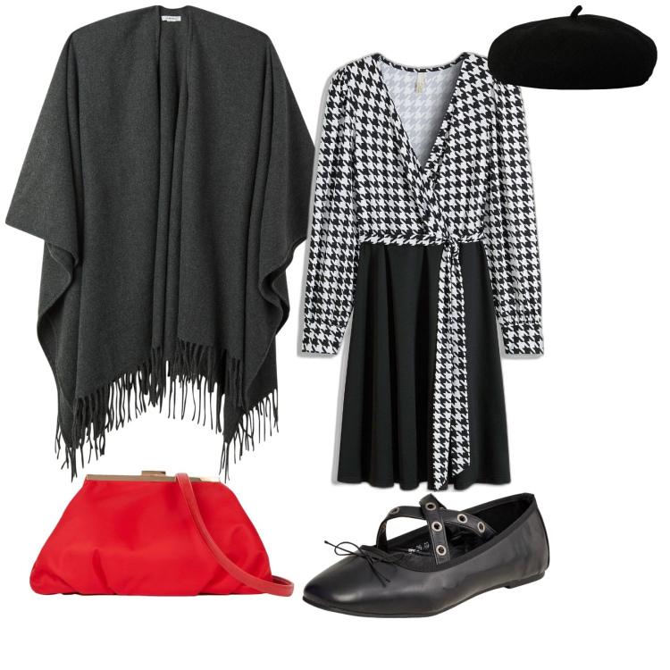 Outfit donna - Tra amiche. per Tutti i giorni. Abbinamento con vestiti corti, ballerine, cappe, cappelli e berretti, pochette.