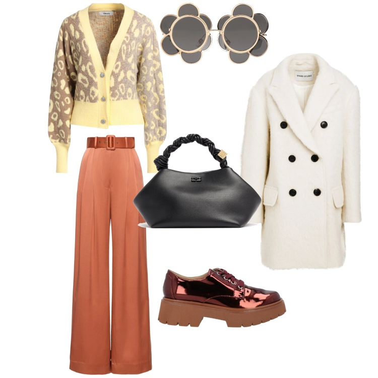 Outfit donna - Total look #2042064. Stile Casual chic per Ufficio. Abbinamento con cardigans, scarpe stringate, occhiali da sole, cappotti, borse a mano, pantaloni.