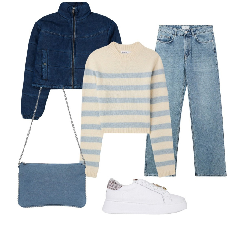 Outfit donna - City. Stile Casual per Tutti i giorni. Abbinamento con blazer, maglieria, borse a tracolla, jeans, sneakers.