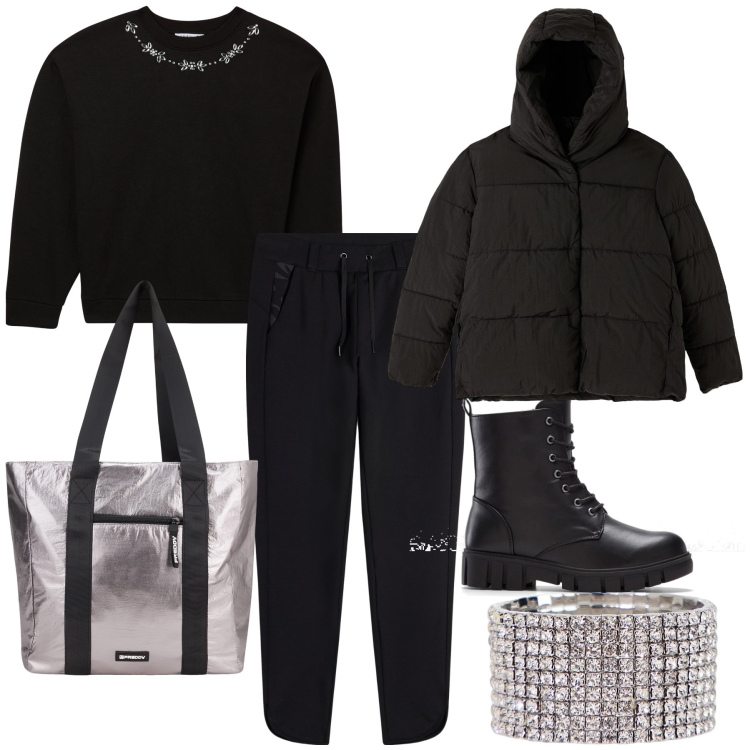 Outfit donna - Maglietta gioiello e bracciale di strass. Stile Glamour per Serata fuori. Abbinamento con stivaletti, piumini, felpe, pantaloni, shopping bag, braccialetti.