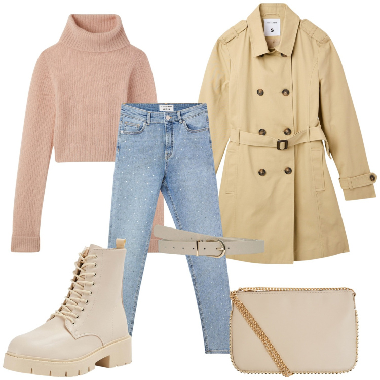 Outfit donna - A tutto sprint!. Stile Casual chic per Ufficio. Abbinamento con maglieria, jeans skinny, anfibi, cinture, trench, borse a tracolla.