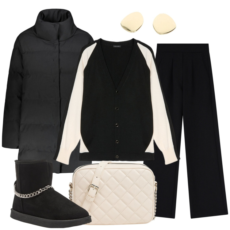 Outfit donna - Comoda con stile. Stile Basic per Tutti i giorni. Abbinamento con stivaletti, borse a tracolla, pantaloni, orecchini, piumini, cardigans.