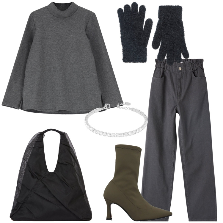 Outfit donna - Saldi saldi w i saldi. Stile Urban per Ufficio. Abbinamento con stivaletti, pantaloni, guanti, maglieria, braccialetti, shopping bag.