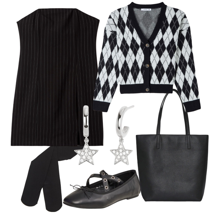 Outfit donna - L\'abito a trapezio. Stile Casual chic per Ufficio. Abbinamento con borse tote, ballerine, collant, vestiti midi/longuette, cardigans, orecchini.