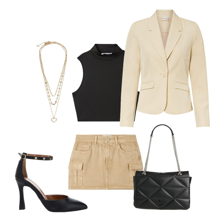 Outfit donna - Estate elegante. Stile Casual chic per Serata fuori. Abbinamento con blazer, borse a spalla, minigonne, top, collane, décolleté.