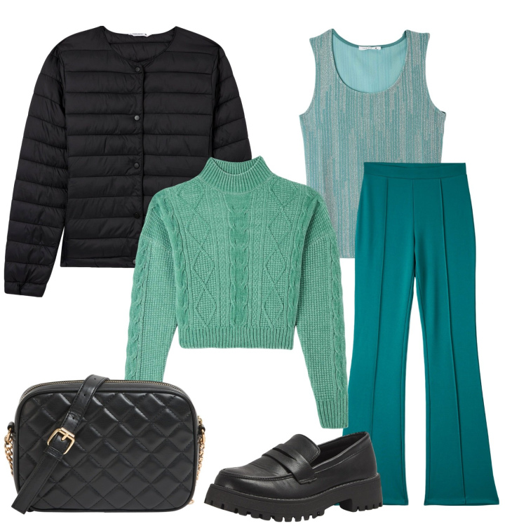 Outfit donna - Sfumature di verde. Stile Casual chic per Ufficio. Abbinamento con maglieria, borse a tracolla, pantaloni, canottiere, mocassini, piumini.