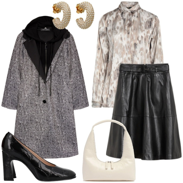 Outfit donna - Pomeriggio a teatro. Stile Urban per Serata fuori. Abbinamento con gonne, camicie, décolleté, orecchini, cappotti, borse a spalla.