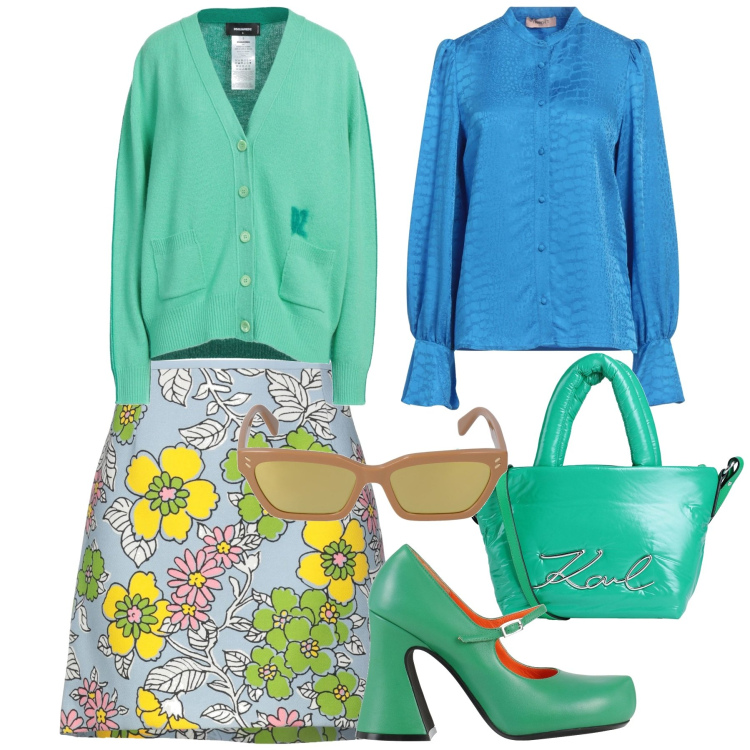 Outfit donna - Tanti fiori. Stile Vintage retrò per Ufficio. Abbinamento con minigonne, camicie, borse a mano, décolleté, cardigans, occhiali da sole.