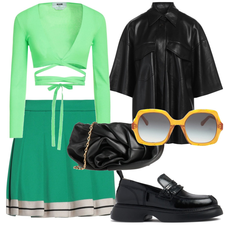 Outfit donna - Street style. Stile Vintage retrò per Tutti i giorni. Abbinamento con top, minigonne, occhiali da sole, borse a tracolla, camicie a manica corta, mocassini.