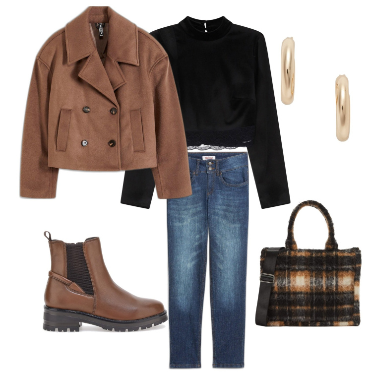 Outfit donna - Caban e stivaletto. Stile Trendy per Tutti i giorni. Abbinamento con caban, jeans mom, shopping bag, top, orecchini, stivaletti chelsea.