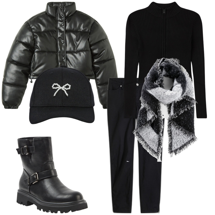 Outfit donna - Total look #2042096. Stile Casual per Tutti i giorni. Abbinamento con sciarpe, jeans, cappelli con visiera, stivaletti, cardigans, blazer.